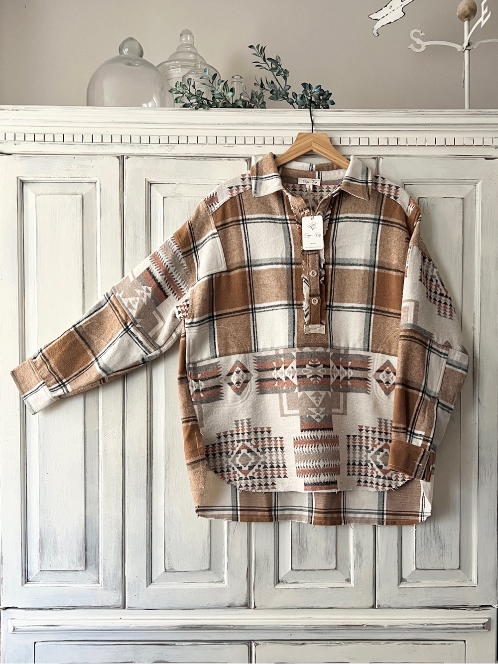 🟤NWT SAGE + FIG “Shacket” Jacket w/Southwest-Inspired Print in Brown/Ivory SMALL